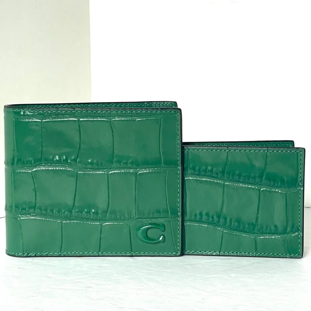 Coach Mens Green Croc Embossed Leather 3-in-1 ID Billfold
